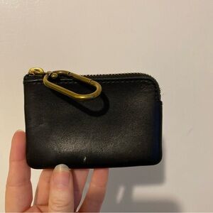 Madewell Mini Black Leather Zip Card Case with Brass Carabiner